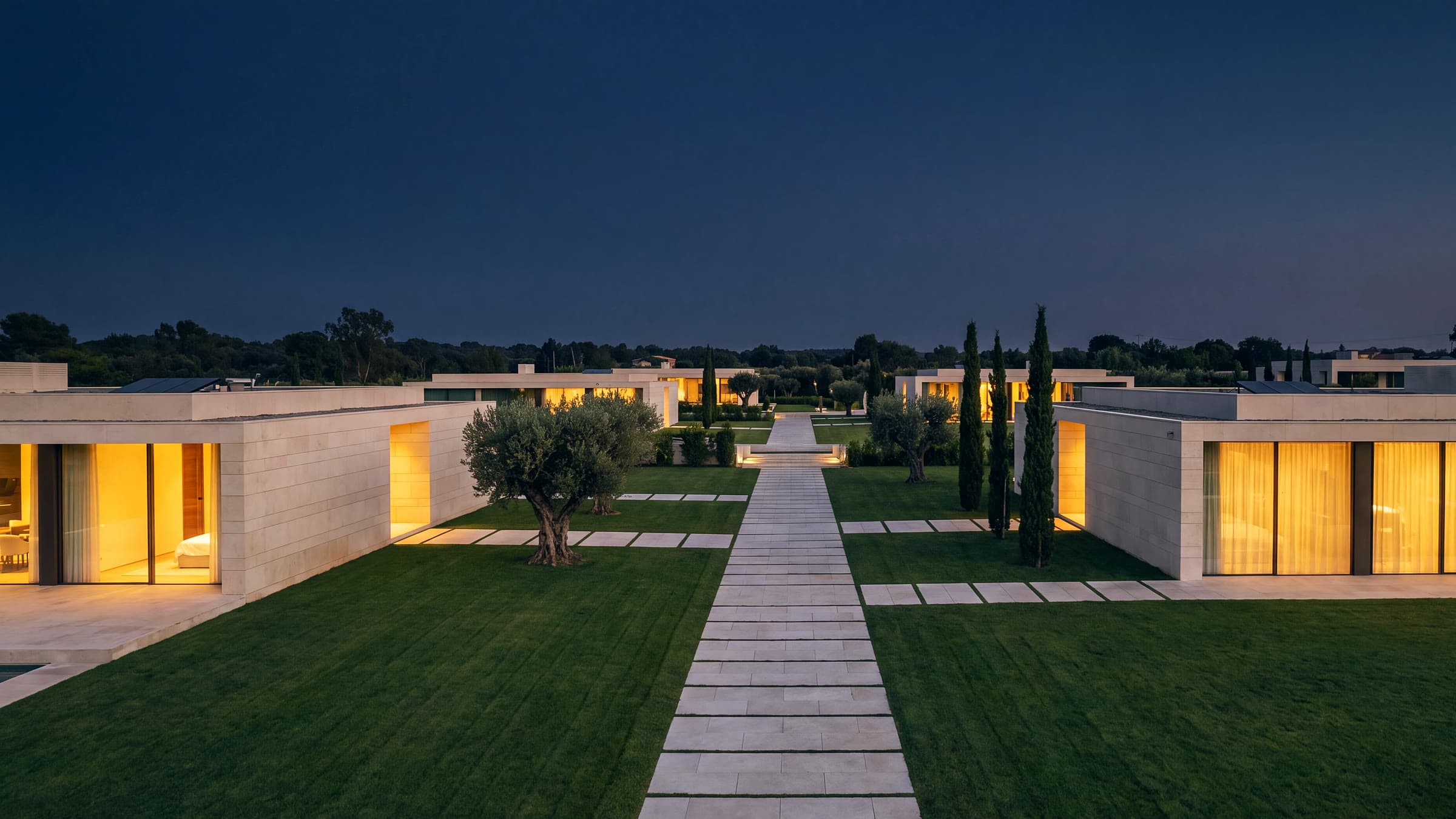 Brand imagery — a low-density residential estate at twilight, windows lit.