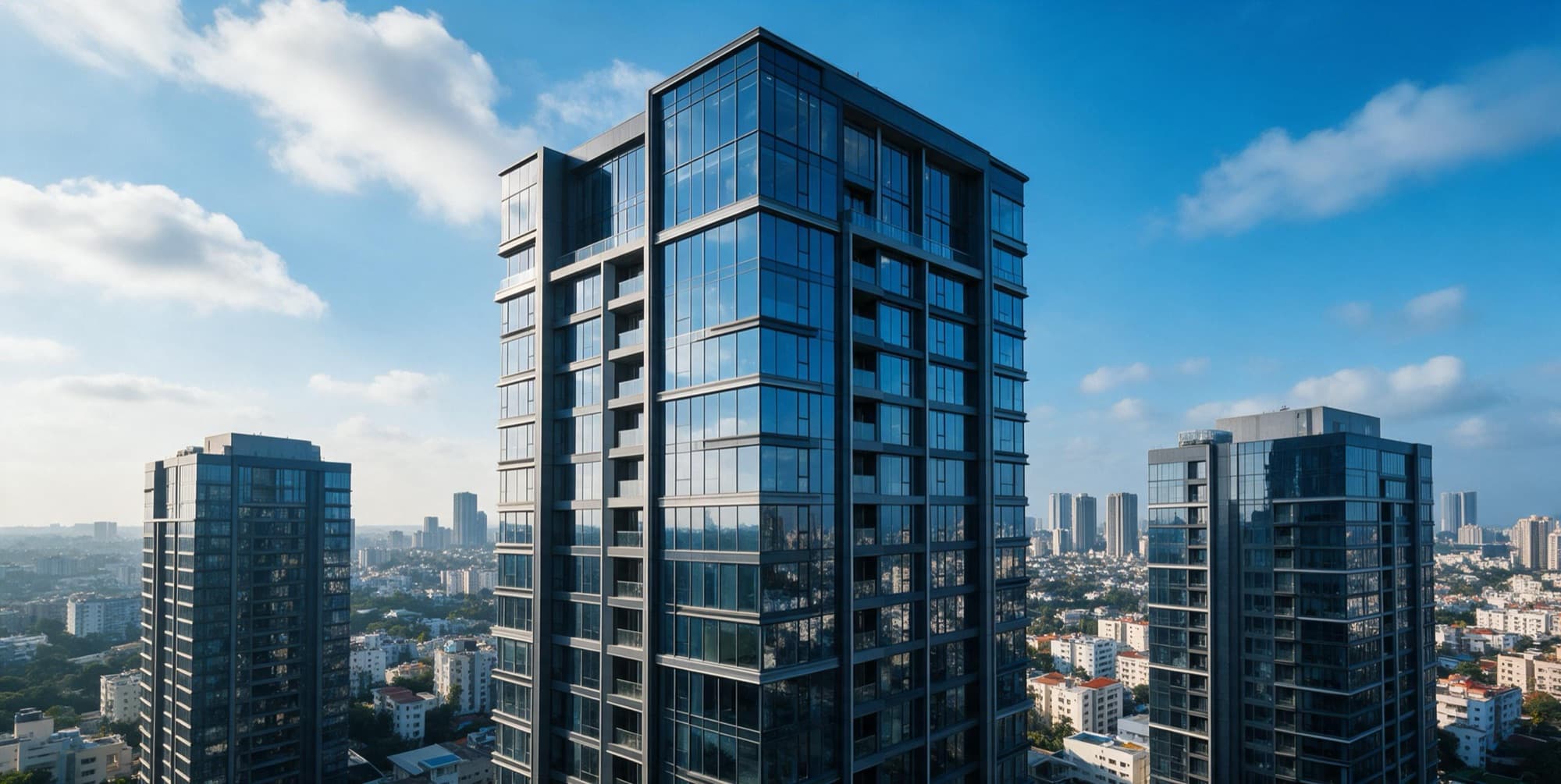 Brand imagery — glass residential towers against a clear sky, not a Catch9 project.