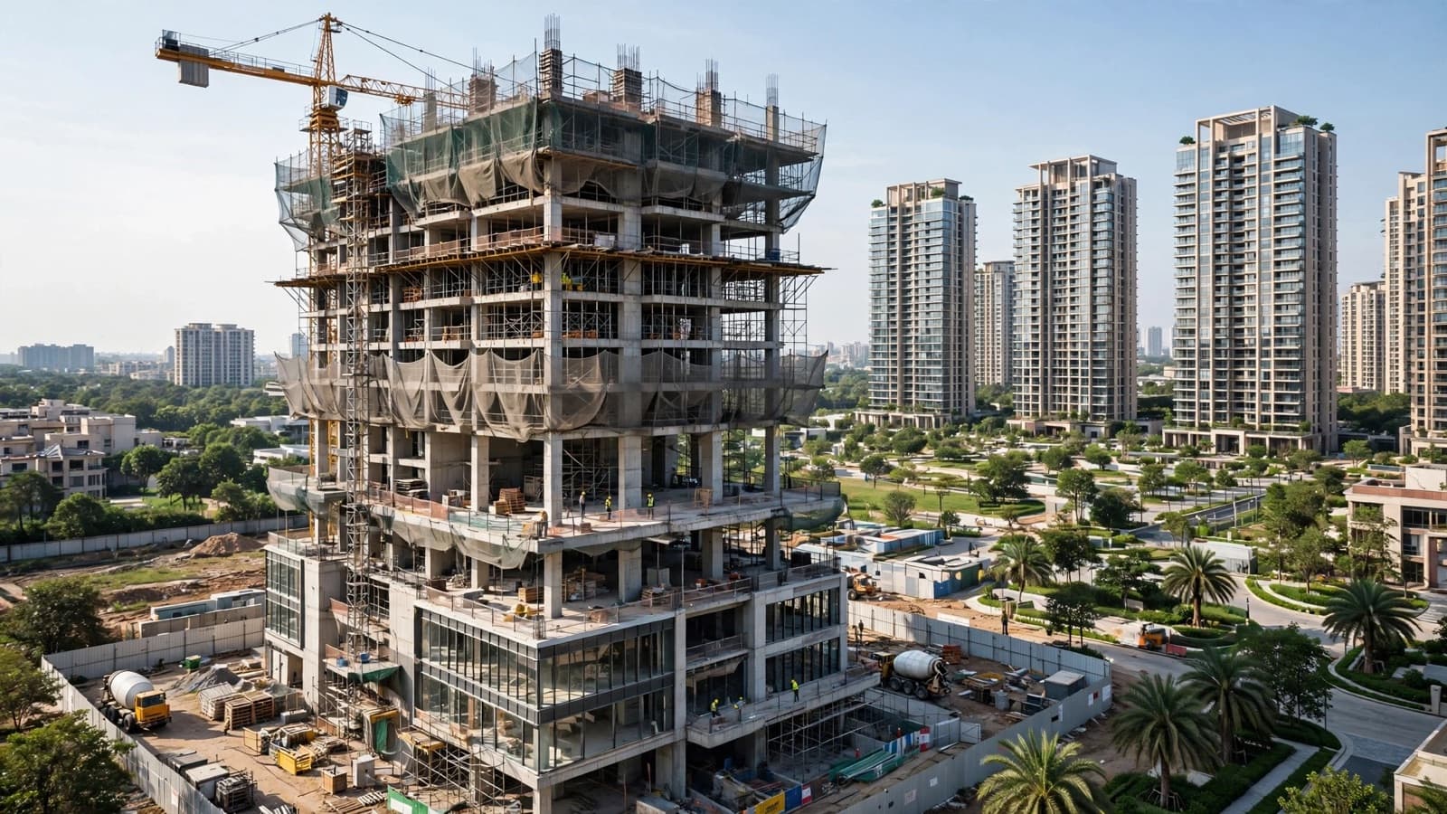 Brand imagery — a tower under construction against the city, not a Catch9 project.