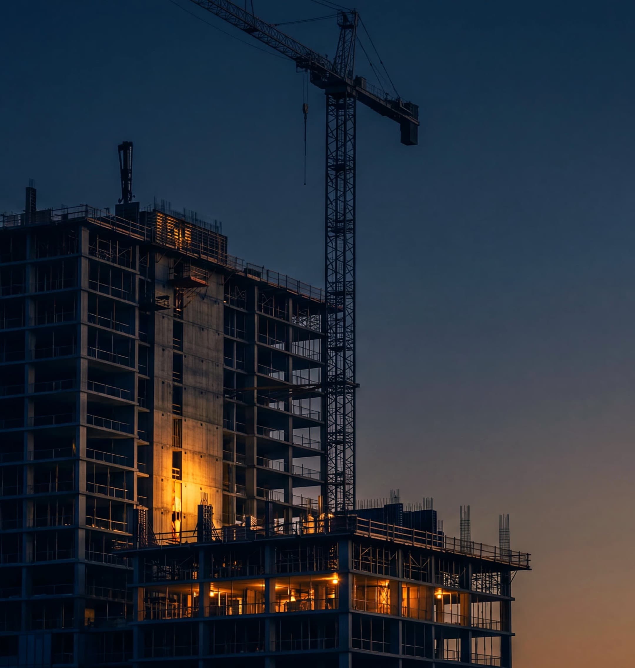 Brand imagery — a residential tower rising at dusk, slab by slab.