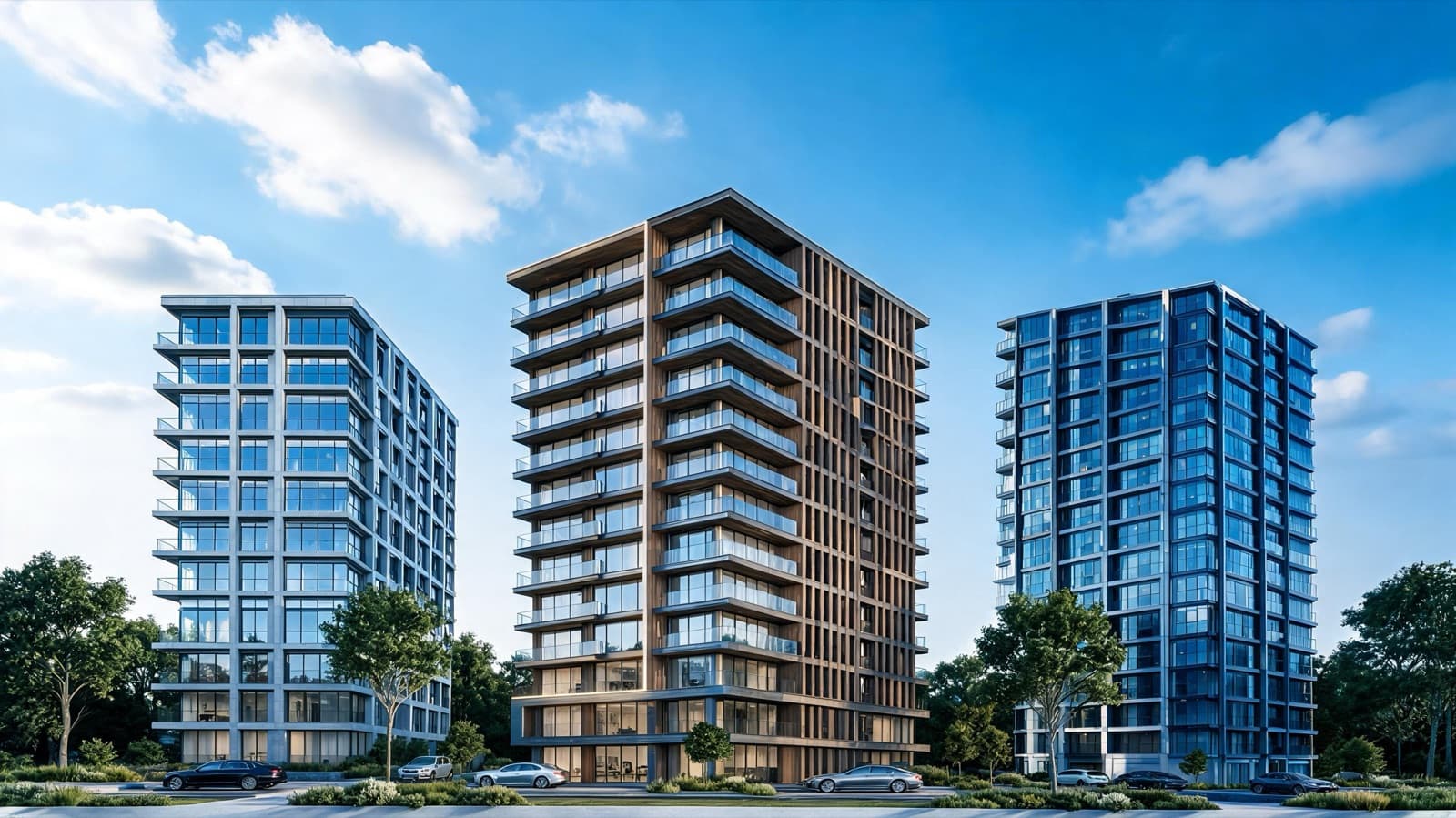 Brand imagery — three residential towers on a clear day, not a Catch9 project.