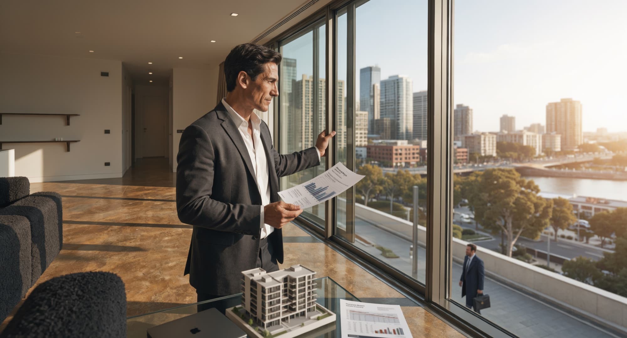 Brand imagery — a man with a brochure at a window over the city, not a Catch9 project.