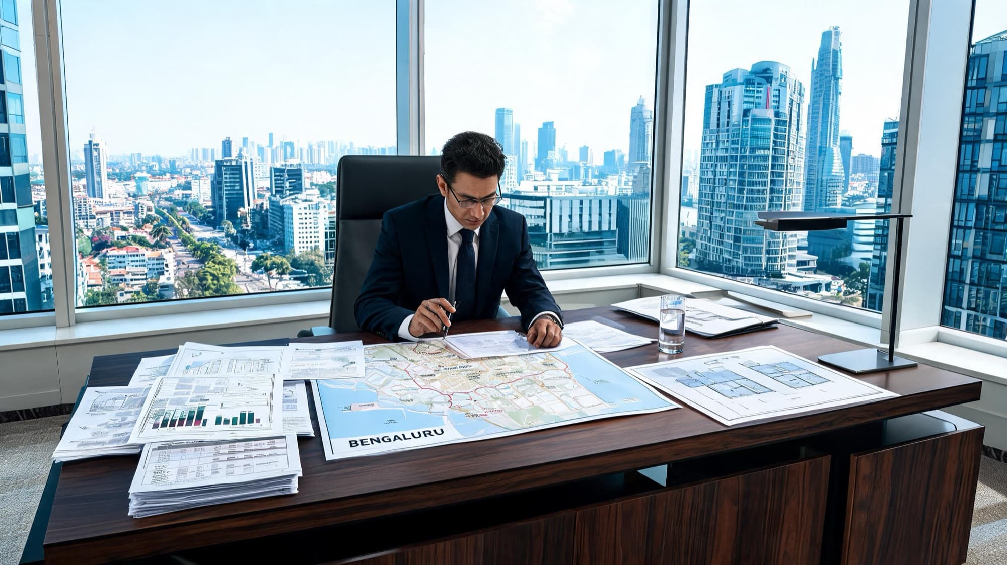 Brand imagery — an advisor reading a Bengaluru map at a desk above the city, not a Catch9 office.