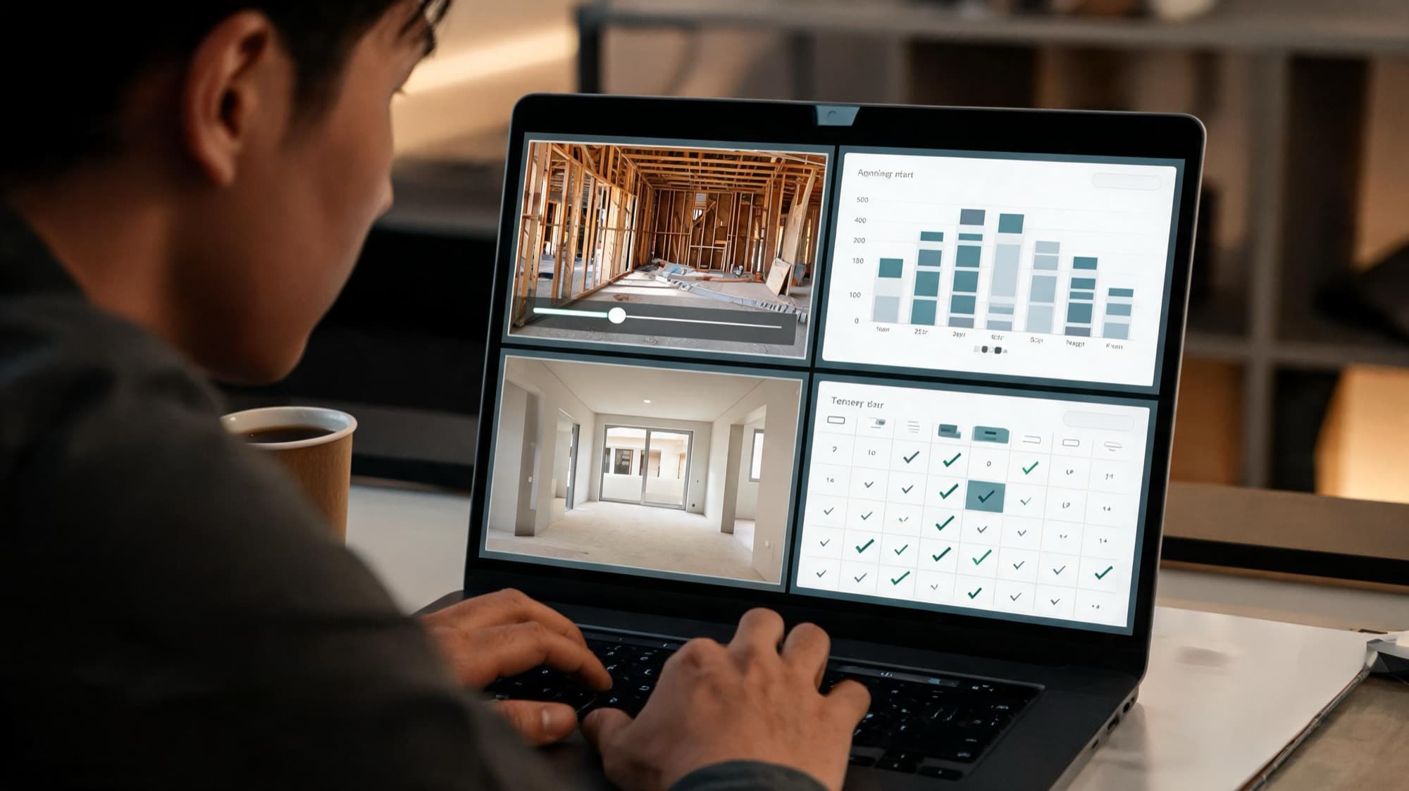Brand imagery — a property dashboard open on a laptop, not the Catch9 portal.