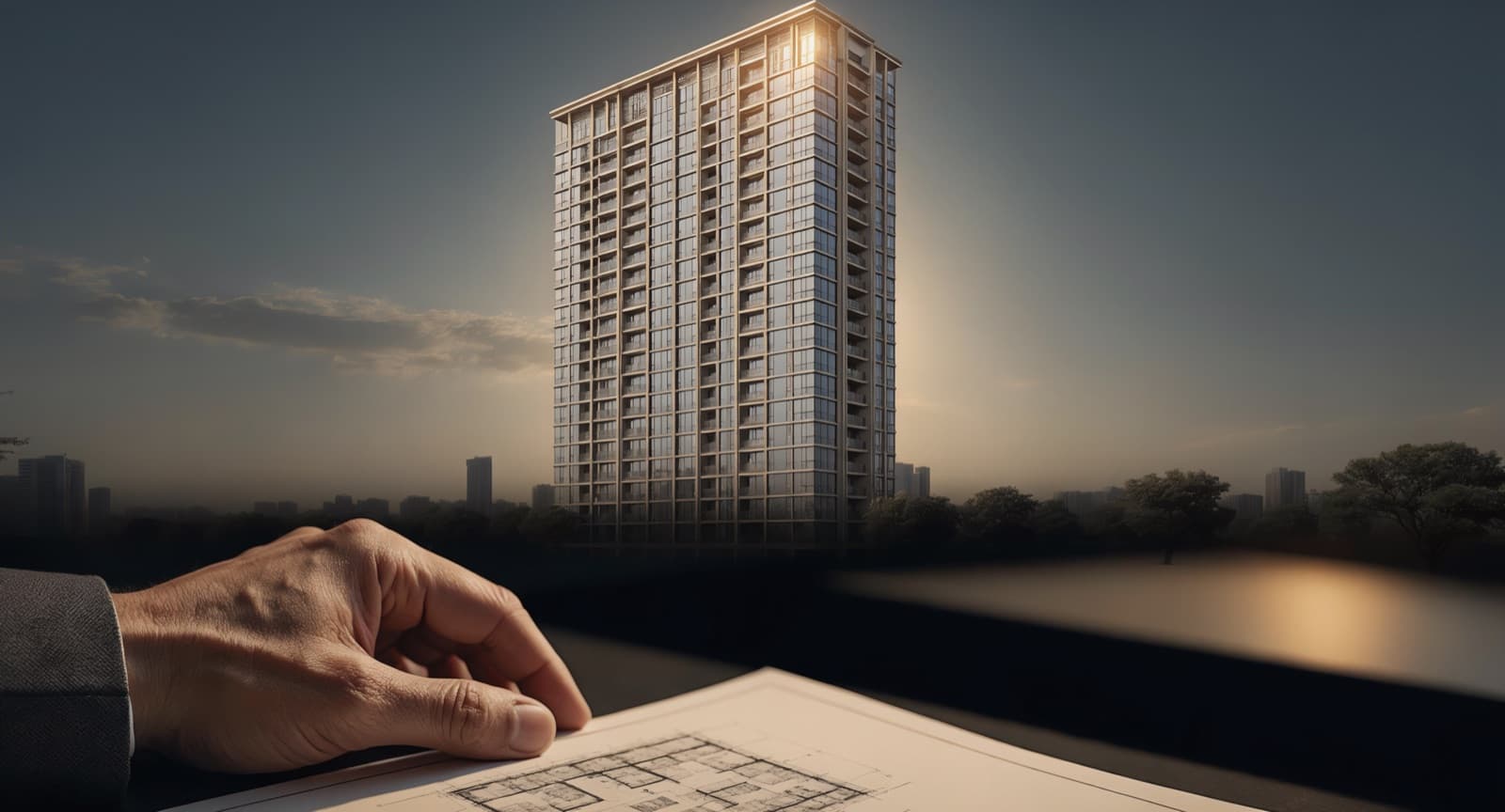 Brand imagery — a hand on a floor plan, a finished tower at dusk beyond it.