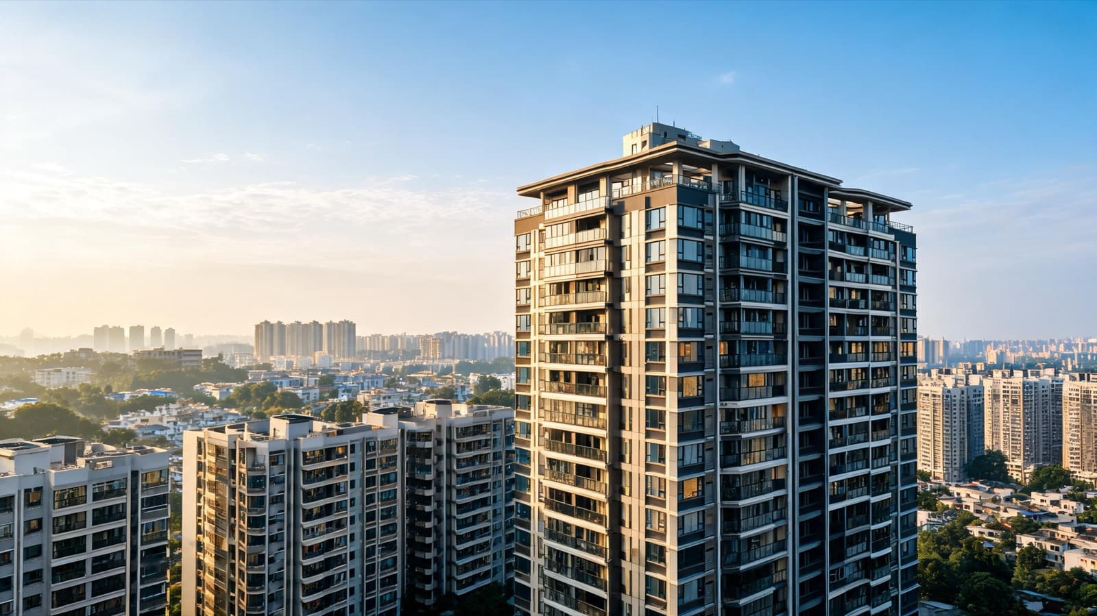 Brand imagery — a residential tower at dusk, its windows lit, not a Catch9 project