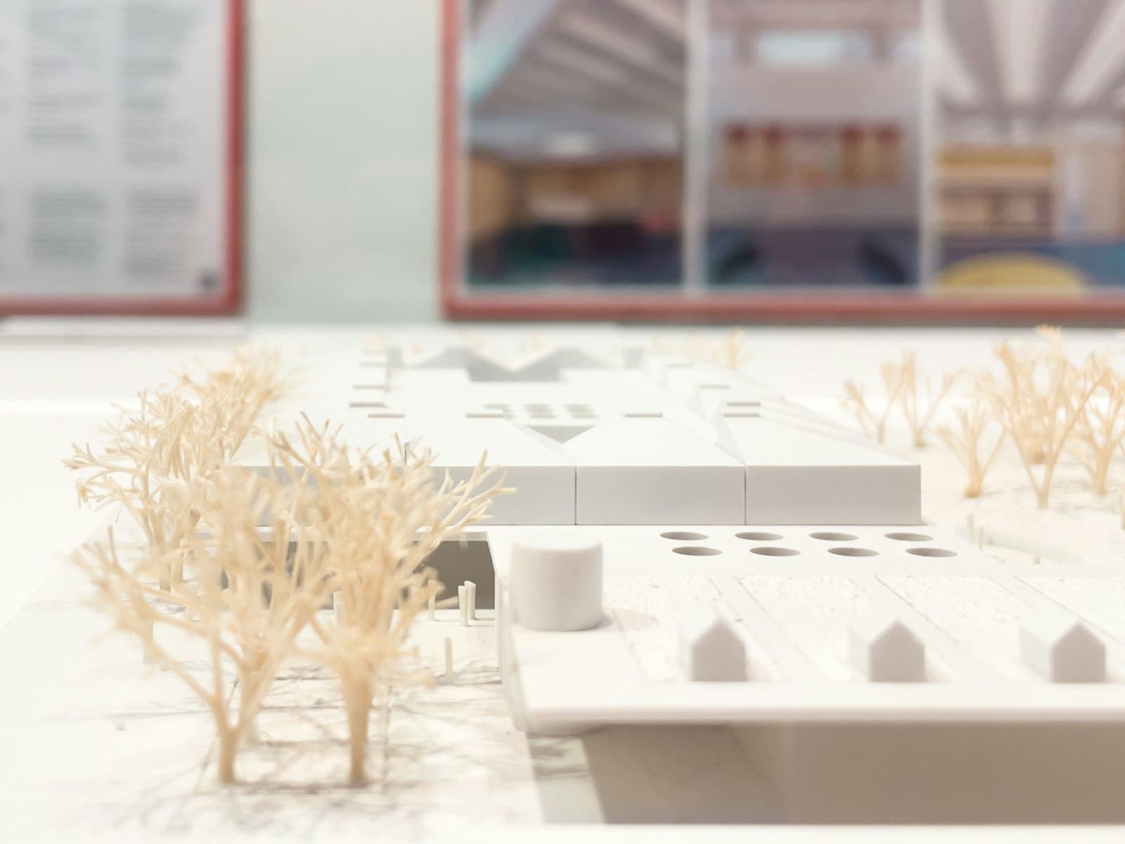 An architectural model of a residential development, with miniature trees